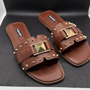 Nine West Brown Leather Slide Sandals with Gold Stud Accents